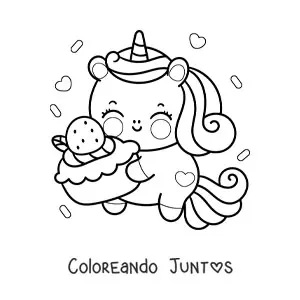 Imagen para colorear de unicornio kawaii con un trozo de pastel de cumpleaños
