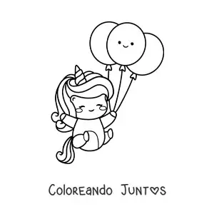 Imagen para colorear de unicornio kawaii con globos de cumpleaños