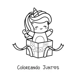 Imagen para colorear de unicornio kawaii en una caja de regalo de cumpleaños