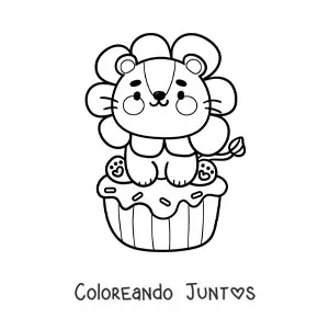 Imagen para colorear de león tierno animado en un cupcake de cumpleaños