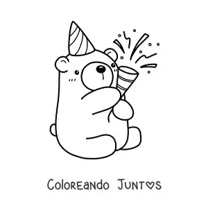 Imagen para colorear de oso kawaii de cumpleaños sentado con confeti