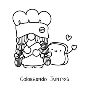 Imagen para colorear de gnomo panadero kawaii con un rodillo