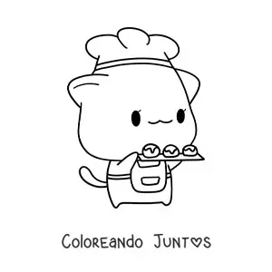 Imagen para colorear de gatito panadero kawaii estilo anime con una bandeja de postres
