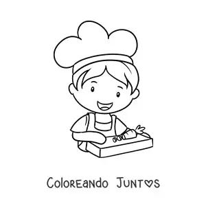 Imagen para colorear de niño cocinero kawaii cortando vegetales