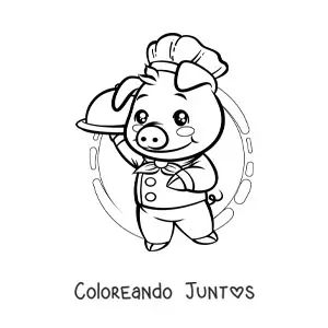 Imagen para colorear de chef cerdo kawaii animado con un platillo en una bandeja