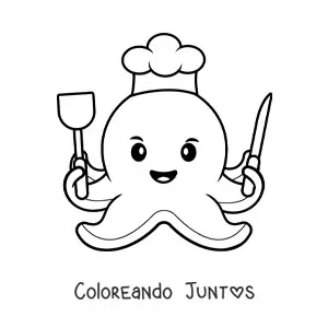 Imagen para colorear de chef pulpo kawaii con utensilios de cocina
