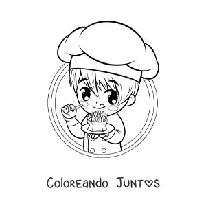 Imagen para colorear de niño cocinero kawaii comiendo papas fritas