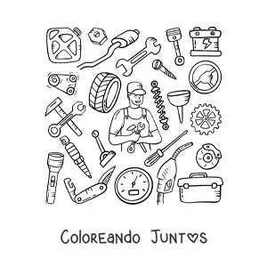 Imagen para colorear de hombre con profesión de mecánico y sus herramientas