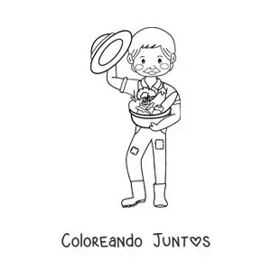 Imagen para colorear de agricultor kawaii con frutos cosechados
