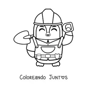 Imagen para colorear de pingüino albañil animado kawaii con una pala
