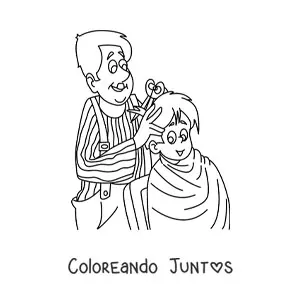 Imagen para colorear de barbero haciendo un corte de pelo a un niño