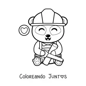 Imagen para colorear de panda carpintero kawaii cortando madera