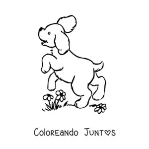 Imagen para colorear de un cachorro animado saltando en un jardín con flores