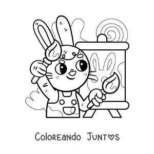 Imagen para colorear de conejo pintor kawaii animado pintando un cuadro
