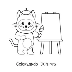Imagen para colorear de gato pintor kawaii animado pintando un cuadro