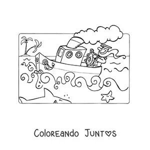 Imagen para colorear de un marinero en un barco en el mar con un tiburón y una estrella de mar