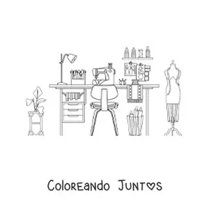 Imagen para colorear de taller de una modista y sus herramientas
