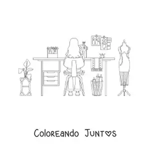 Imagen para colorear de mujer con oficio de modista en su taller de costura
