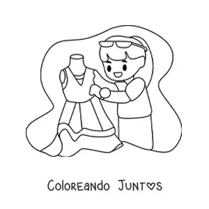 Imagen para colorear de diseñadora de modas animada con un vestido en un maniquí