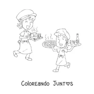 Imagen para colorear de caricatura de meseros de un restaurante trabajando
