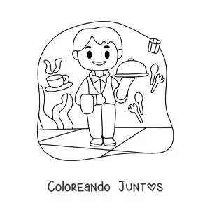 Imagen para colorear de mesero animado llevando una bandeja en un restaurante