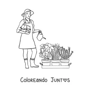 Imagen para colorear de jardinera con sombrero regando las plantas