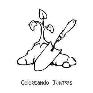 Imagen para colorear de pala de jardinero junto a una planta