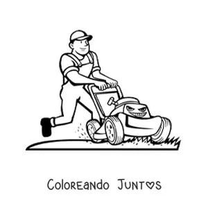 Imagen para colorear de caricatura de un jardinero cortando el césped