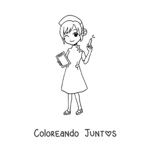 Imagen para colorear de enfermera kawaii animada con una jeringa