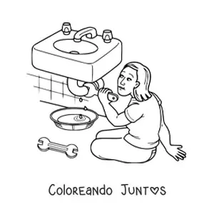 Imagen para colorear de mujer fontanera reparando una tubería del baño