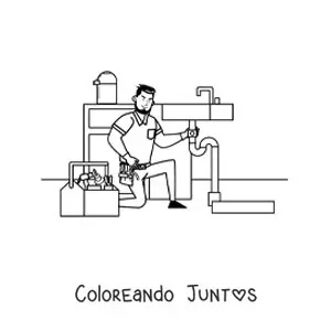 Imagen para colorear de fontanero animado trabajando en un lavabo