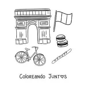 Imagen para colorear de arco de triunfo de parís y bandera de francia