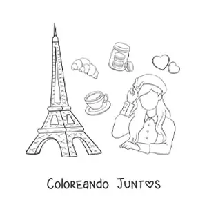 Imagen para colorear de torre eiffel y chica francesa