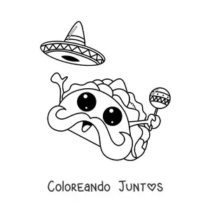 Imagen para colorear de taco mexicano kawaii animado con sombrero y maraca