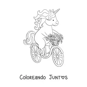 Imagen para colorear de un unicornio kawaii montando bicicleta con flores