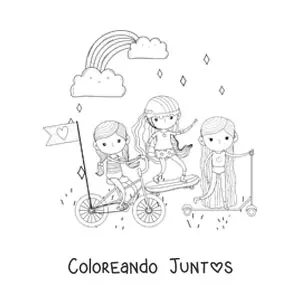 Imagen para colorear de tres niñas montando bicicleta, patineta y monopatín con arcoíris de fondo