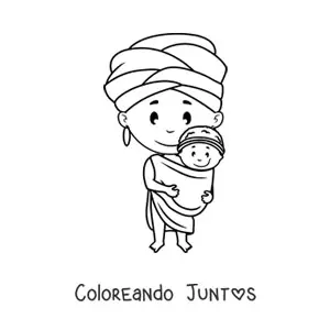 Imagen para colorear de mujer africana animada con un bebé