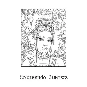 Imagen para colorear de hermosa mujer africana con trenzas y flores
