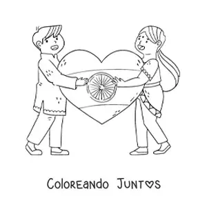Imagen para colorear de niños de la india con bandera en forma de corazón