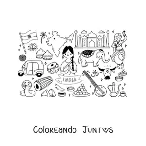Imagen para colorear de elefante y elementos de la cultura de la india