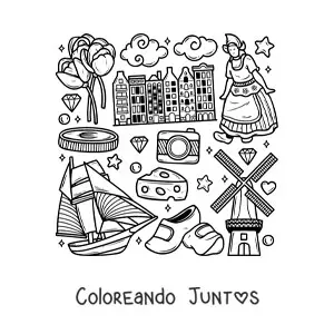 Imagen para colorear de zuecos y símbolos de la cultura de los países bajos
