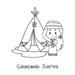 Imagen para colorear de chica indígena americana junto a un tipi
