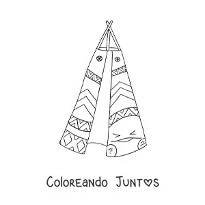 Imagen para colorear de tipi indígena americano animado kawaii