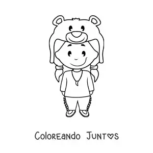 Imagen para colorear de niña indígena americana animada con piel de oso