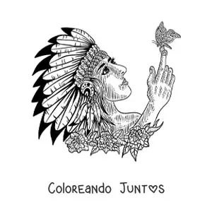 Imagen para colorear de indígena de tribu nativa americana con penacho de plumas y una mariposa