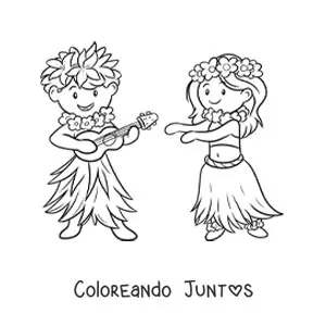 Imagen para colorear de niño hawaiano con guitarra y bailarina de hula