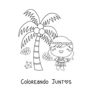 Imagen para colorear de bailarina de hula animada kawaii junto a una palmera