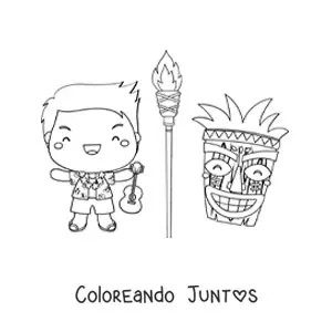 Imagen para colorear de niño kawaii animado con guitarra y máscara tiki