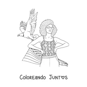 Imagen para colorear de chica estadounidense con la bandera y un águila
