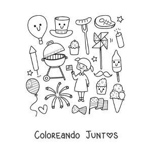 Imagen para colorear de niña con símbolos de la cultura de estados unidos kawaii animados